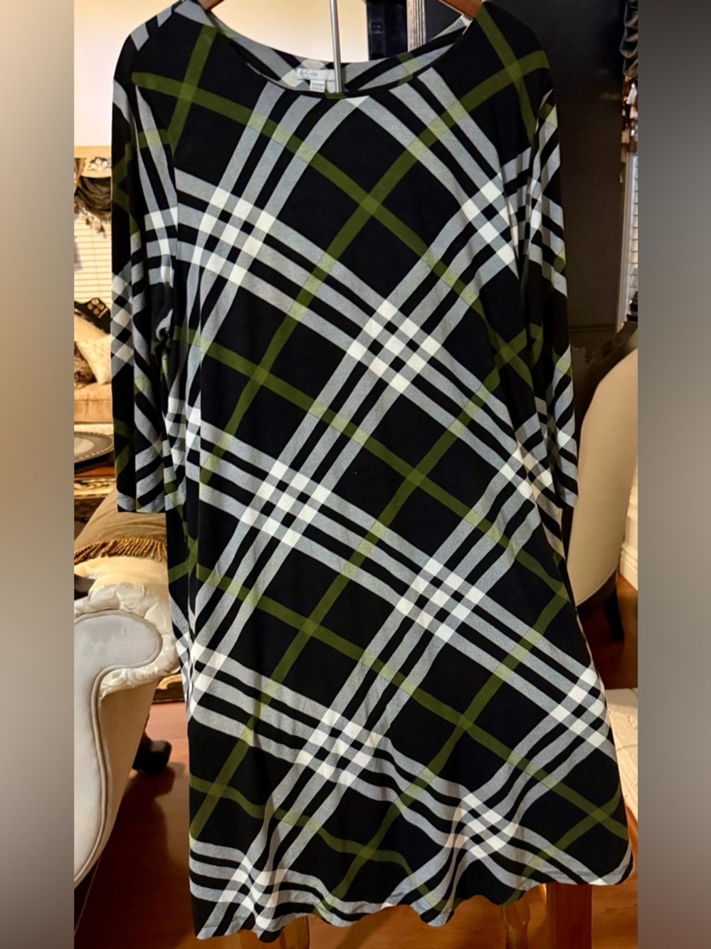 Pre-Loved Women’s Black Plaid Shift Midi Dress with Olive and White Stripes
